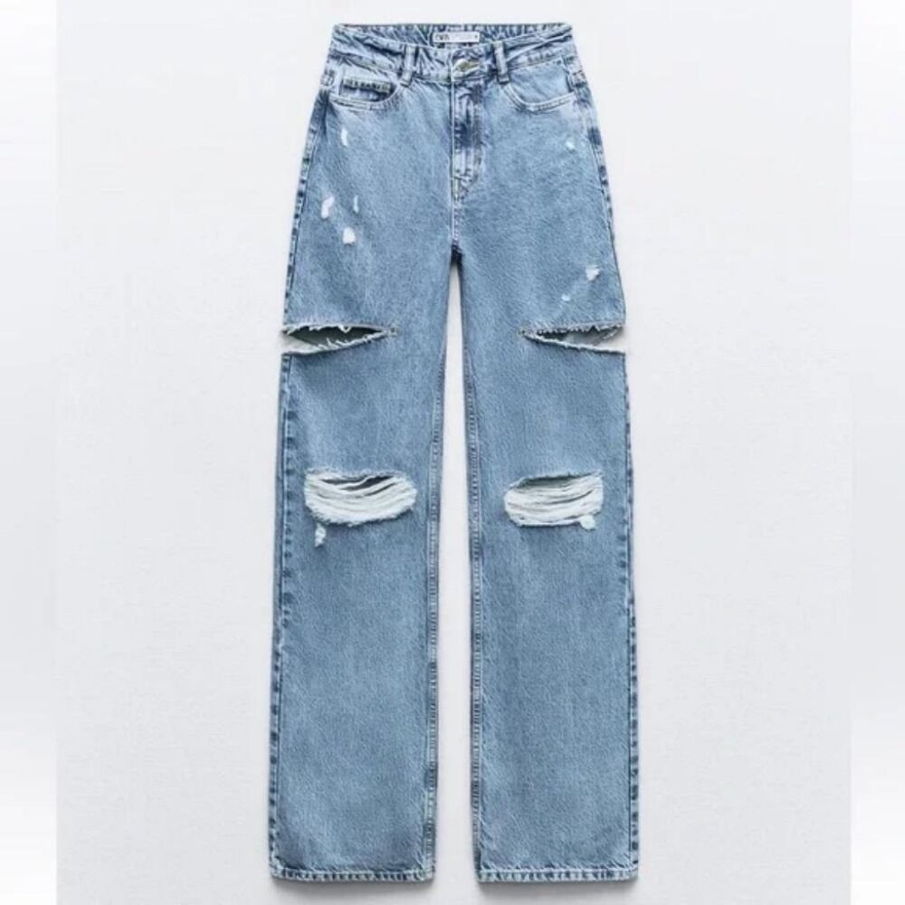 ZARA Z1975 MID WAIST RIPPED CUT OUT STRAIGHT LEG JEANS